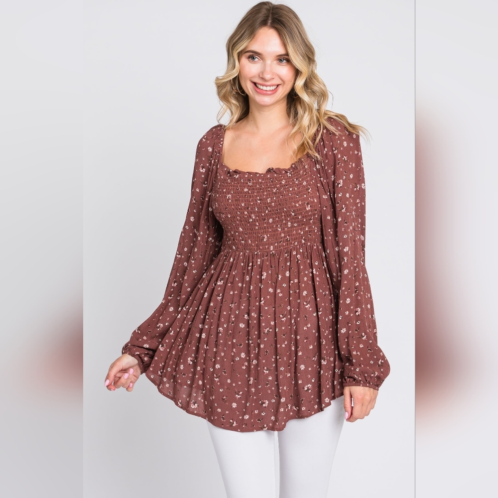 Pinkblush Maternity Top NWT Brown Floral Long Sleeve - Picture 4 of 4